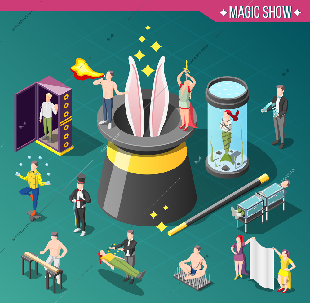 Magic show isometric composition with bunny in hat, danger tricks, levitation on green background vector illustration