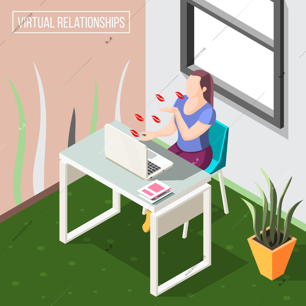 Virtual relationships isometric background with woman sending air kisses by video camera on laptop vector illustration