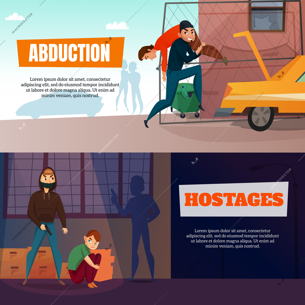 Criminals horizontal banners set with abduction and hostages symbols flat isolated vector illustration