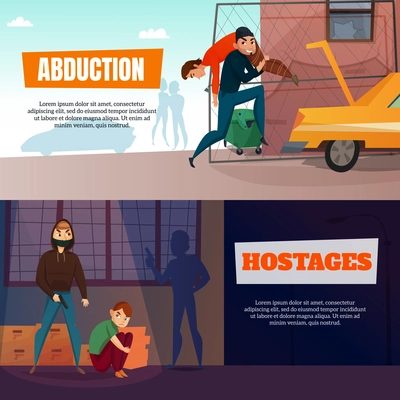 Criminals horizontal banners set with abduction and hostages symbols flat isolated vector illustration