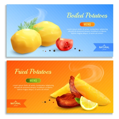 Boiled and fried potatoes decorated with red tomato dill and lemon realistic banners vector illustration
