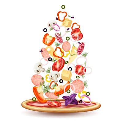 Pizza falling vegetables realistic composition with pizza crust and small pieces of topping on blank background vector illustration