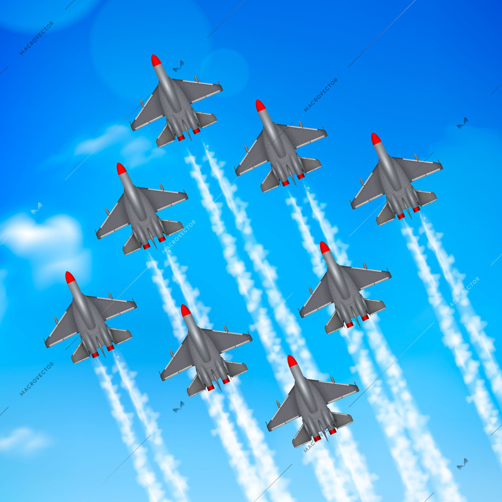 Army air force military parade jet airplanes formation condensation trails against blue sky realistic poster vector illustration