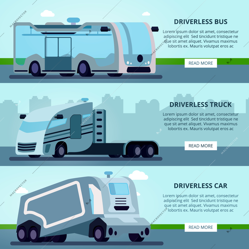 Autonomous driverless vehicles navigation systems 3 flat horizontal website banners with bus truck and car vector illustration