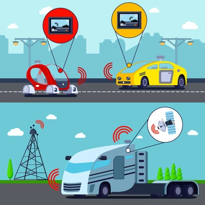 Autonomous driverless vehicles on road 2 flat horizontal banners with gps controlled truck and cars vector illustration