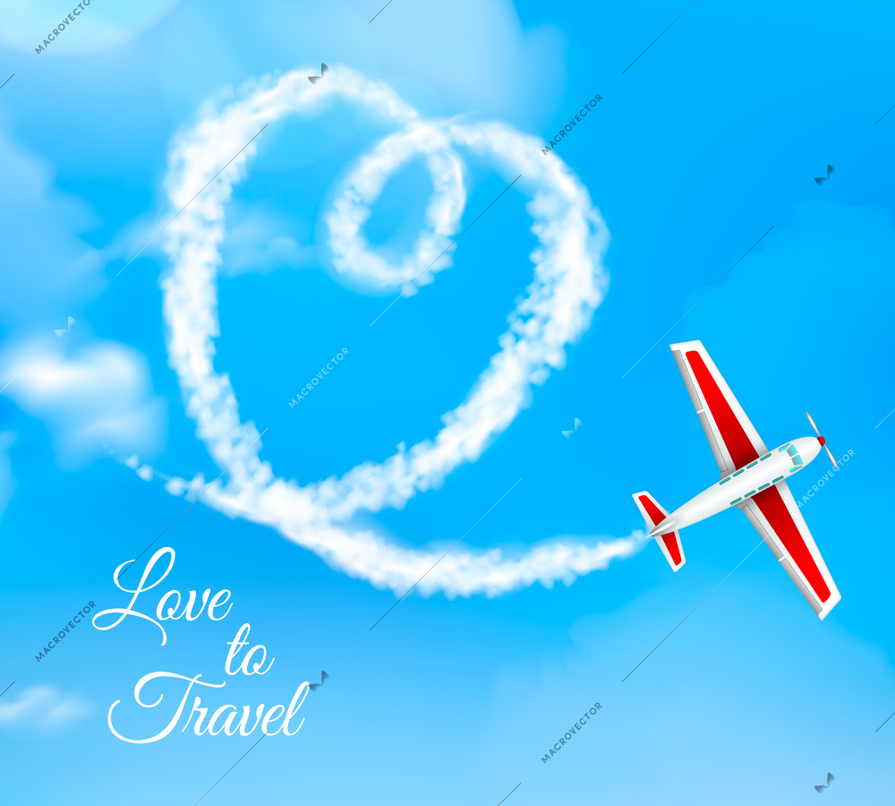 Love to travel heart shaped airplane condensation trail against blue sky background advertisement poster realistic vector illustration