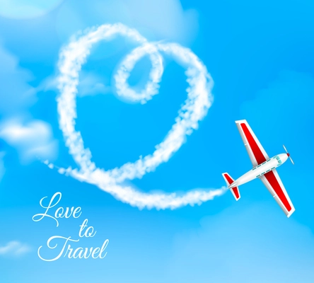 Love to travel heart shaped airplane condensation trail against blue sky background advertisement poster realistic vector illustration