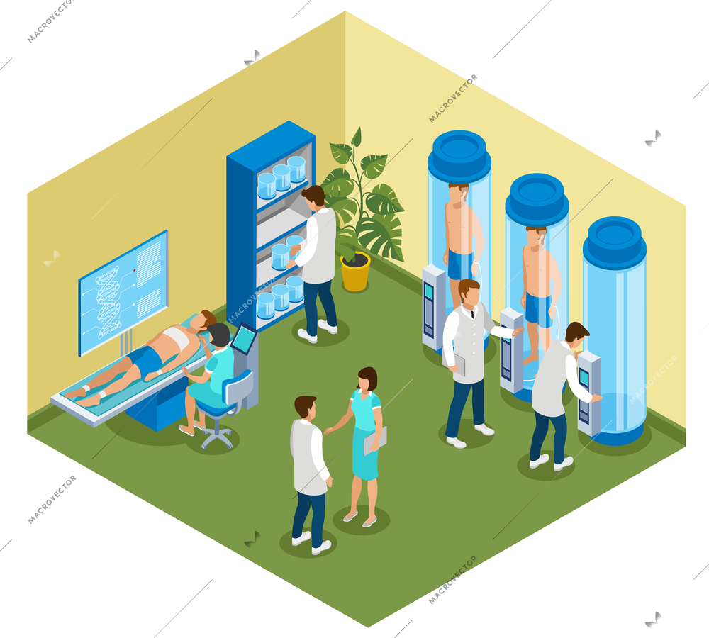 Medicine of the future isometric composition with view of hospital room with cryo chambers and people vector illustration