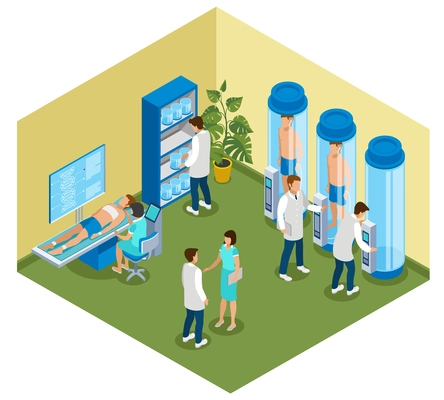 Medicine of the future isometric composition with view of hospital room with cryo chambers and people vector illustration