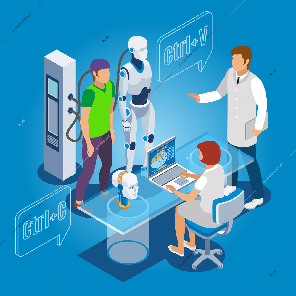 Backup personality isometric composition with human identity being copied to droid with computer and health professionals vector illustration