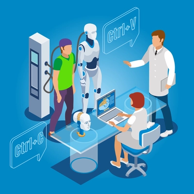 Backup personality isometric composition with human identity being copied to droid with computer and health professionals vector illustration