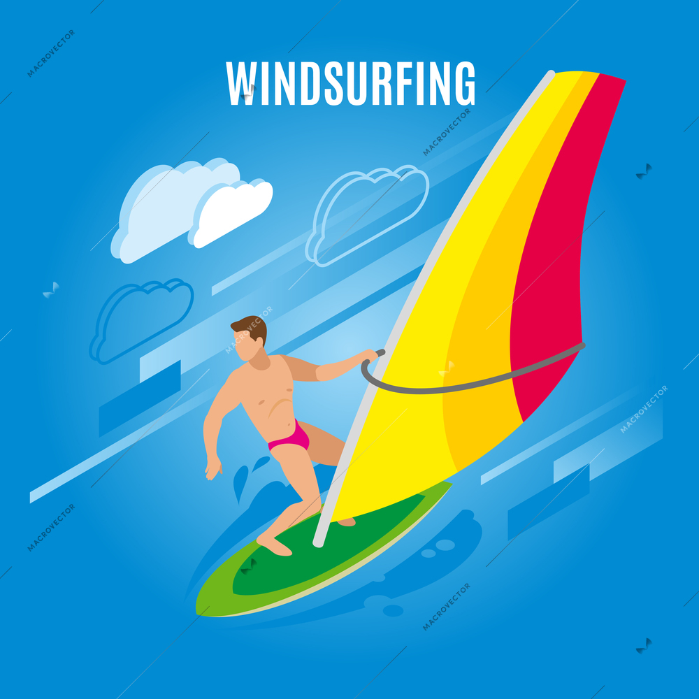 Surfing isometric background with figure of male character on surf board with sail and clouds images vector illustration