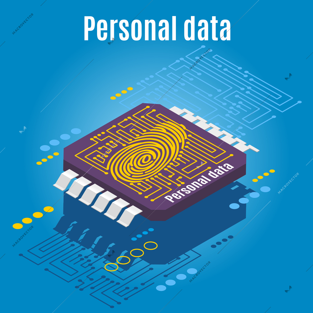 Backup personality isometric background with conceptual image of microprocessor engraved with dactylogram of human finger print vector illustration