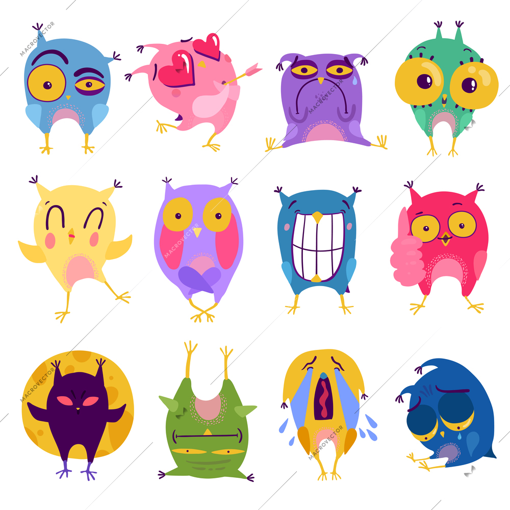 Funny colorful 12 emotion owl stickers set expressing love surprise anger sorrow laughing and crying vector illustration