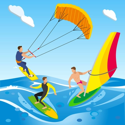 Surfing isometric composition with open sea landscape with images of clouds and different types of sailboard vector illustration