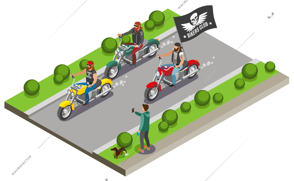 Bikers isometric composition with view of street motorway and three motorcycles with streaming flag of gang vector illustration