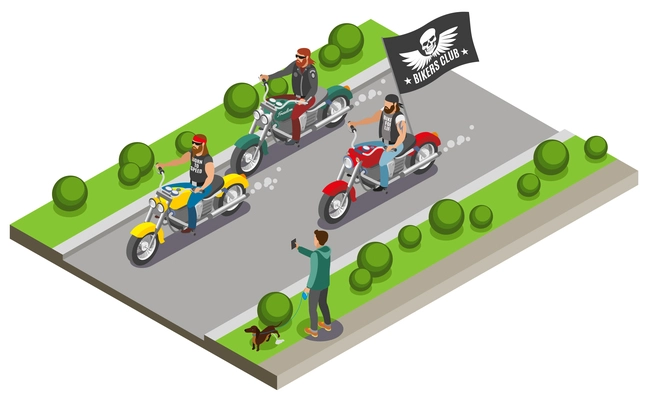 Bikers isometric composition with view of street motorway and three motorcycles with streaming flag of gang vector illustration