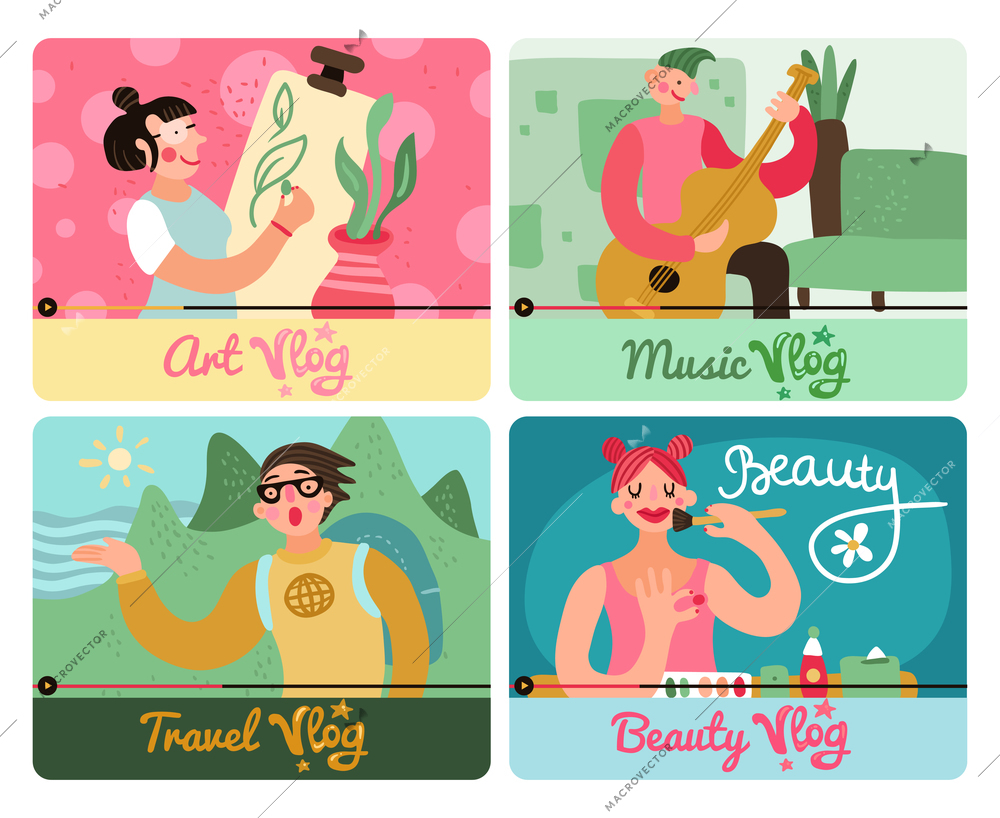 Video bloggers concept 4 colorful funny icons set with travel art beauty music popular authors vector illustration