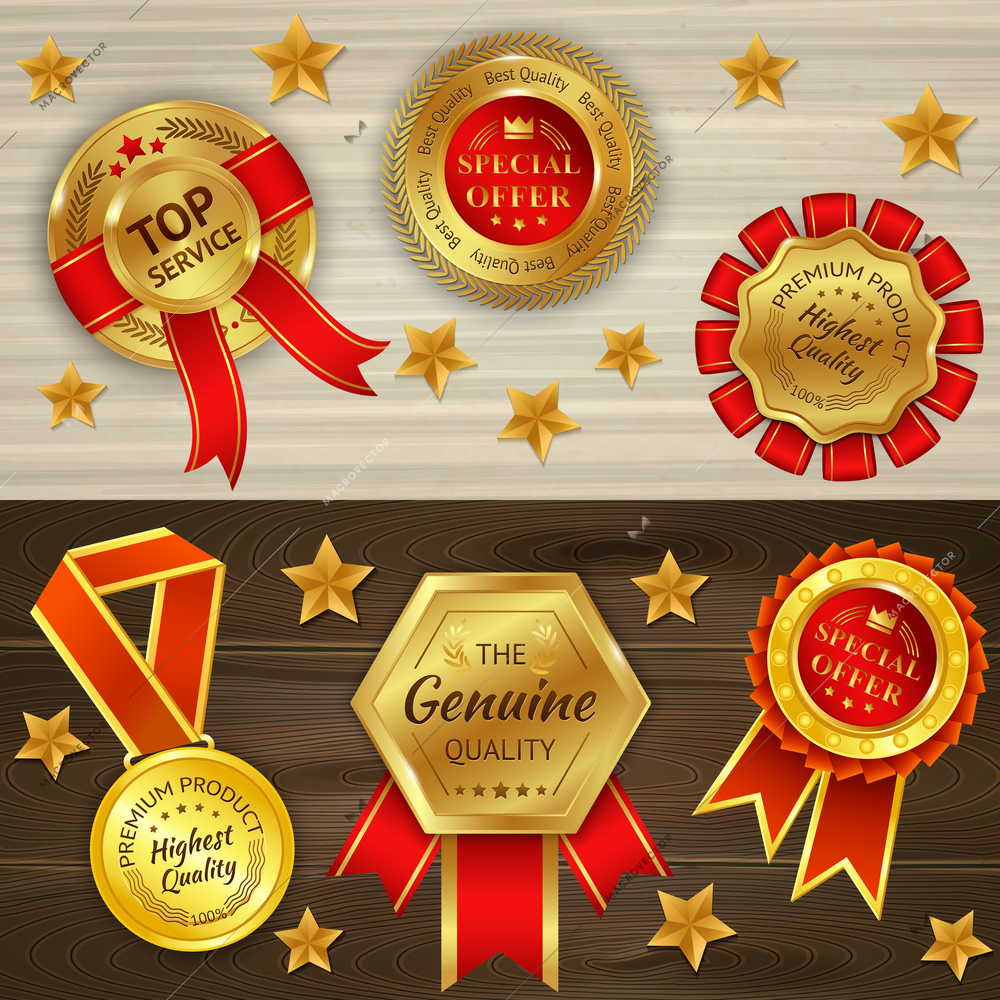 Awards realistic horizontal banners on wooden textured background with red golden medals and stars isolated vector illustration