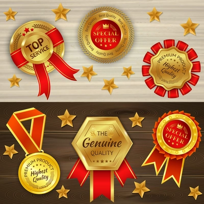 Awards realistic horizontal banners on wooden textured background with red golden medals and stars isolated vector illustration