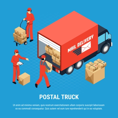 Multicolored Mail isometric composition with postal truck headline and red uniform for employees vector illustration