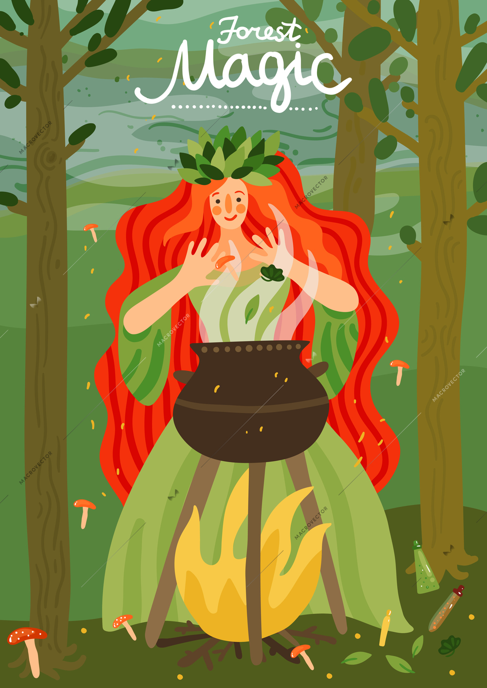 Forest magic fairy-tale children book cover title front page with red haired girl character vector illustration