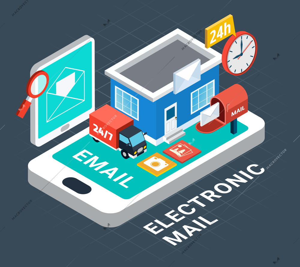 Electronic mail isometric composition with abstract elements on this theme combined together vector illustration