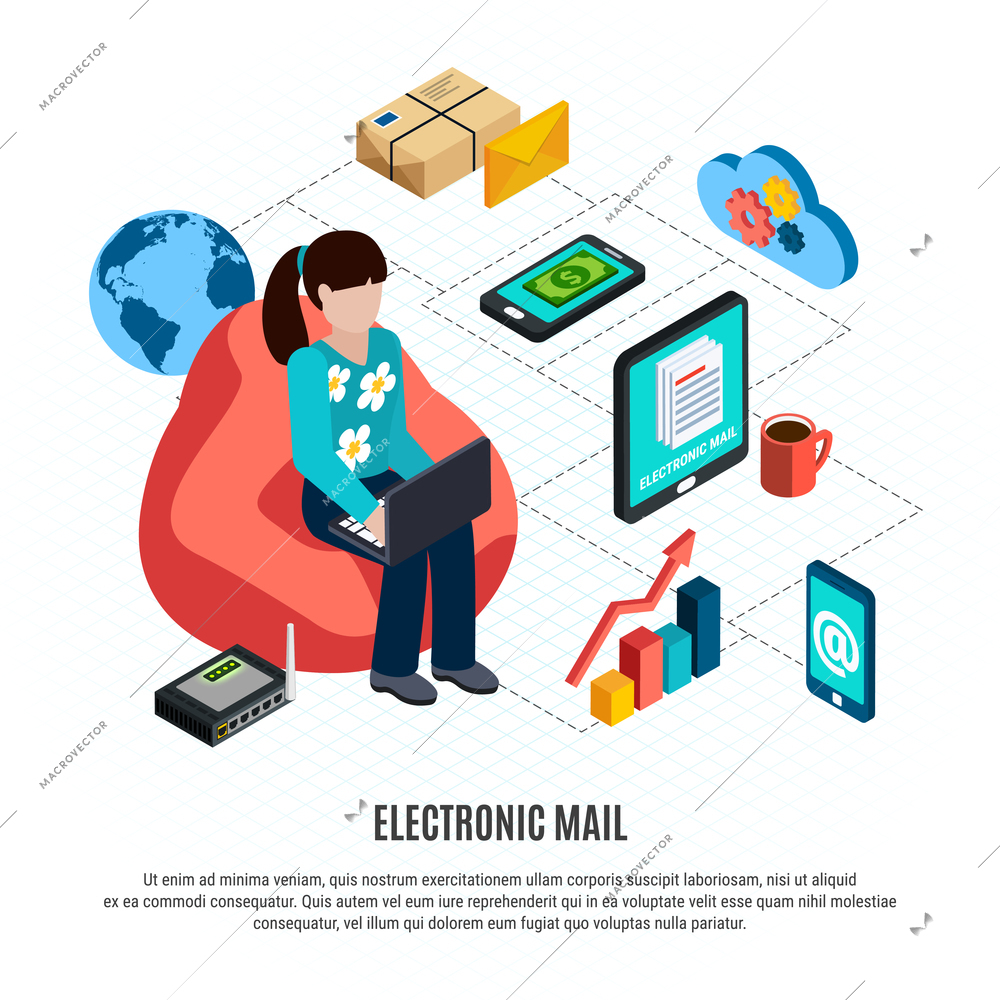 Mail isometric colored composition with electronic mail headline and elements located schematically vector illustration
