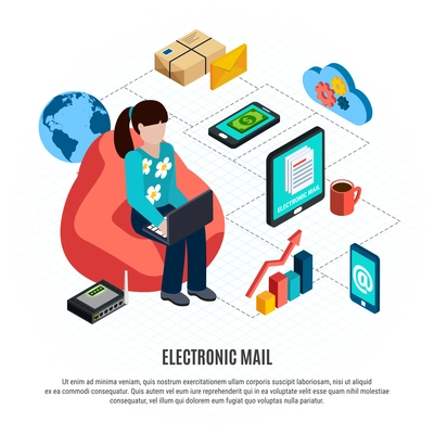 Mail isometric colored composition with electronic mail headline and elements located schematically vector illustration