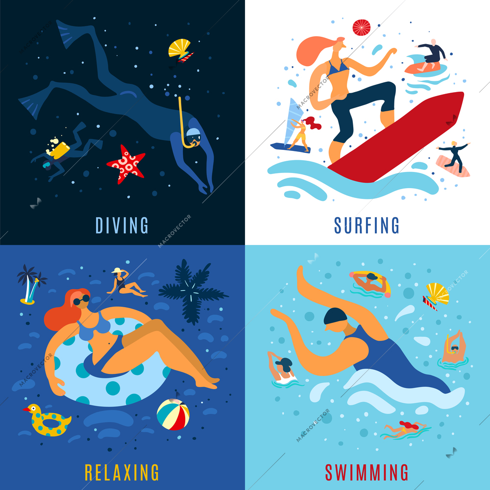 Sea ocean vacation activities concept 4 colorful icons set with relaxing diving swimming surfing abstract vector illustration