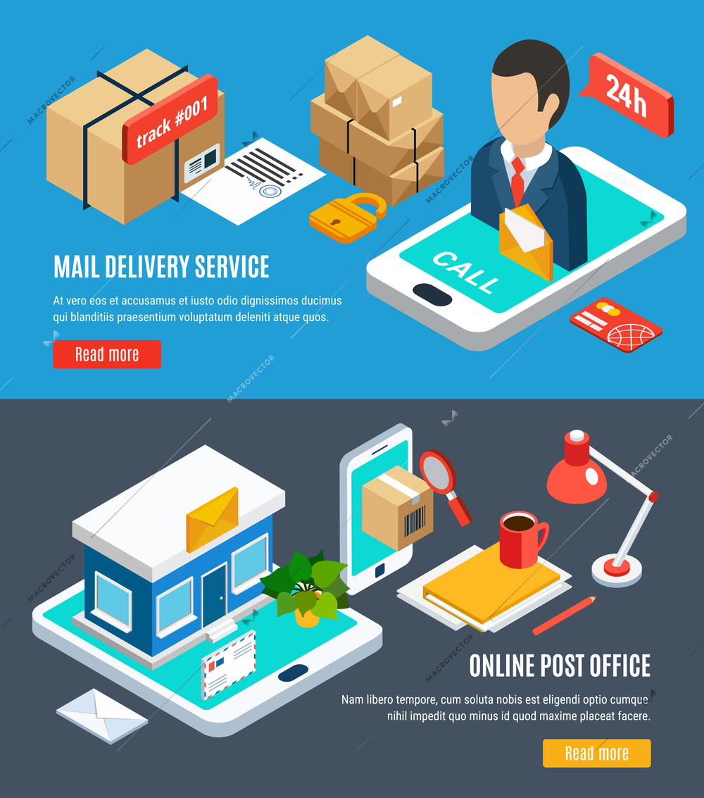 Mail isometric banner set with mail delivery service and online post office headline vector illustration