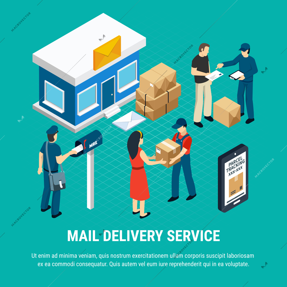 Mail delivery service isometric composition with stages of sending a parcel and receiving it vector illustration