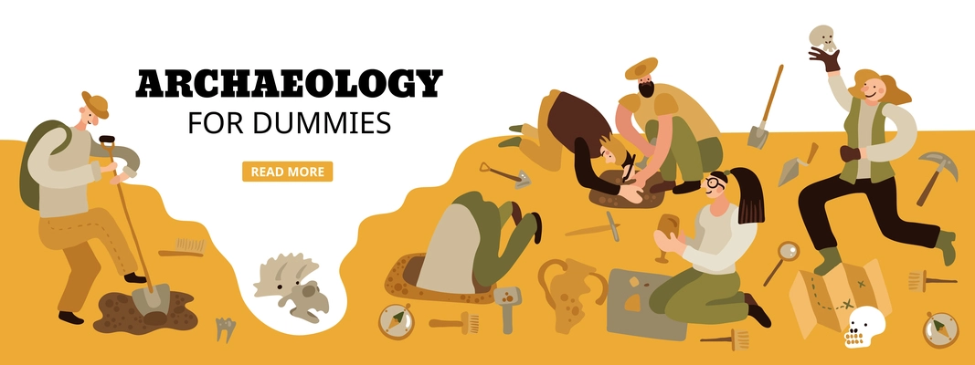 Archaeology for dummies web page header with funny characters on historical dig site amazing findings vector illustration