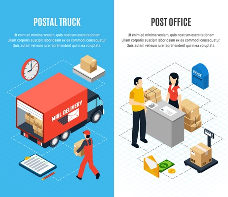 Two vertical mail isometric banner set with postal truck and post office headlines vector illustration