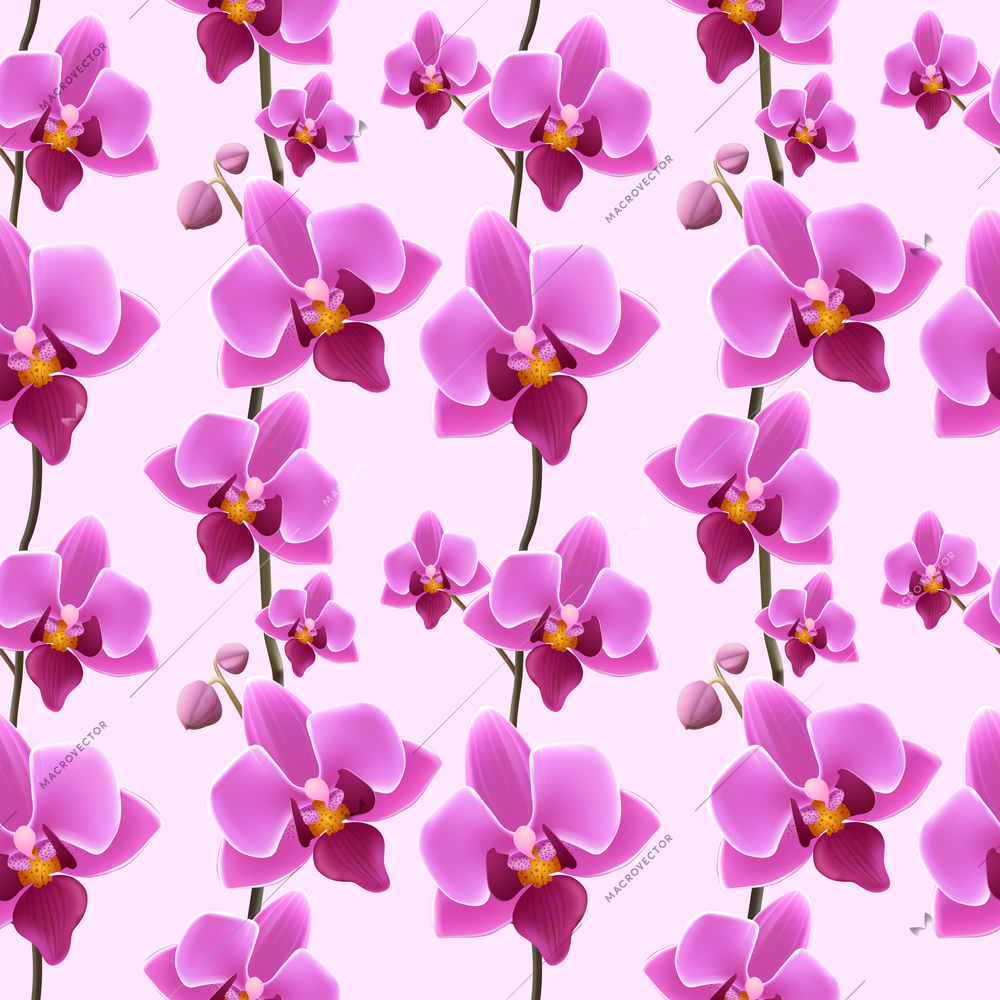 Decorative festive elegant rich orchid blossoms wrapping paper seamless sateen pattern design print vector illustration