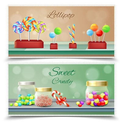 Sweet candies and lollipops on shelves set of horizontal banners on blurred background isolated vector illustration