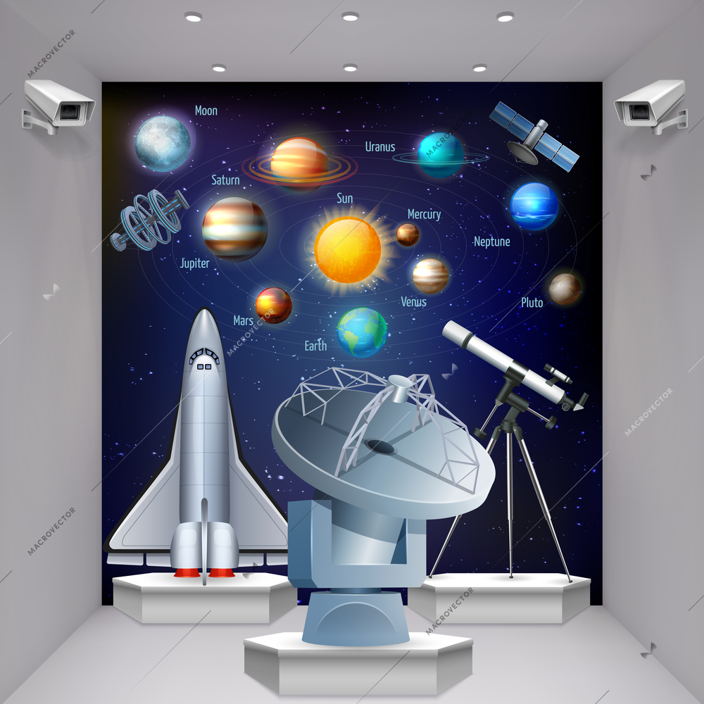 Cosmos realistic composition with view of museum hall with images of planets telescope and space satellite vector illustration