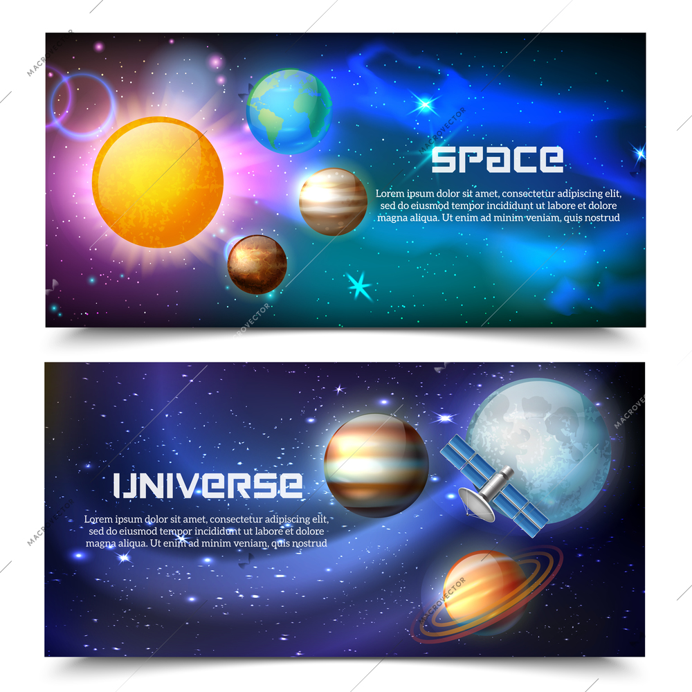 Set of two horizontal cosmos realistic banners with editable text description and compositions of space exploration vector illustration