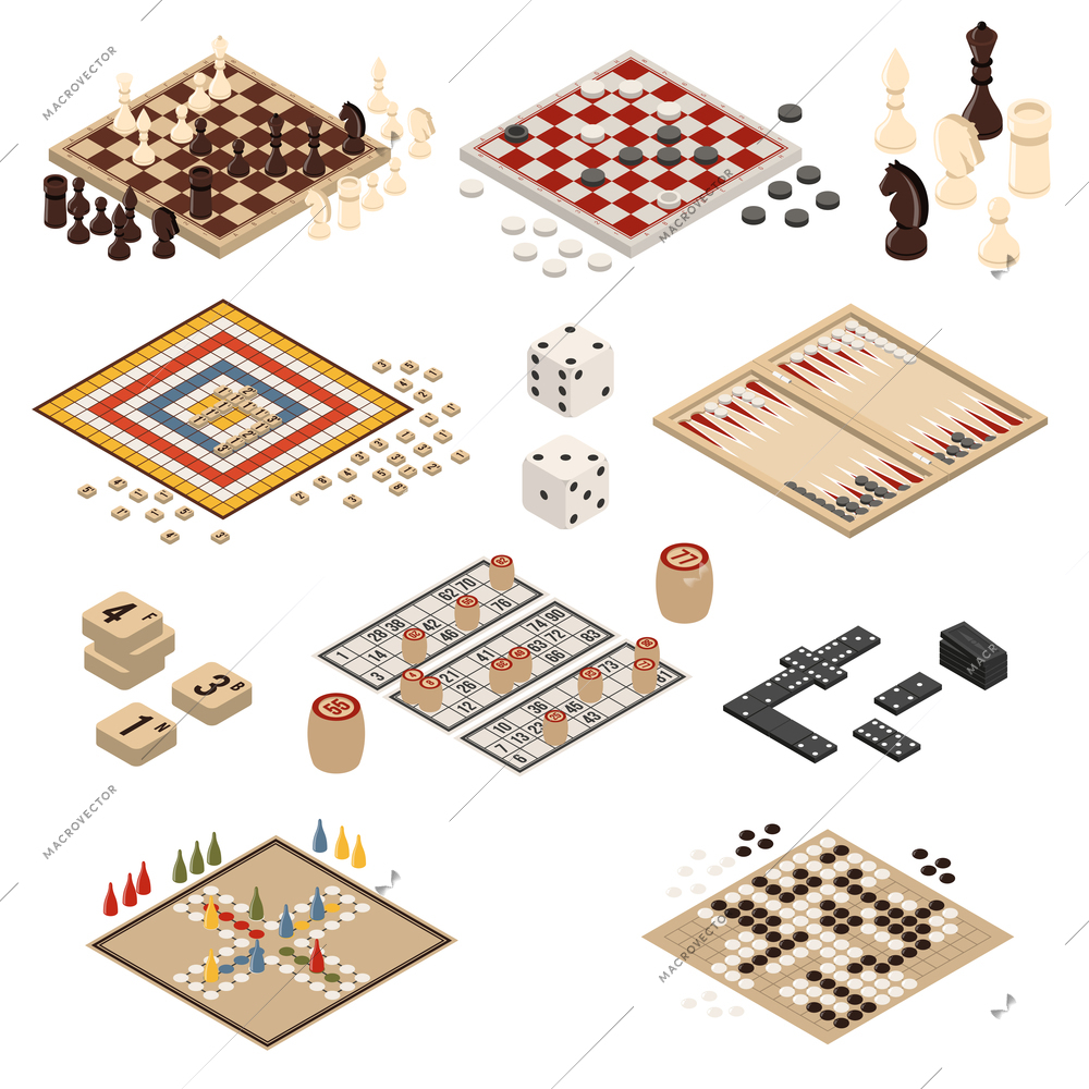 Isolated colored and isometric board games icon set backgammon mahjong chess checkers domino vector illustration