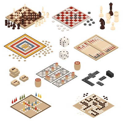 Isolated colored and isometric board games icon set backgammon mahjong chess checkers domino vector illustration