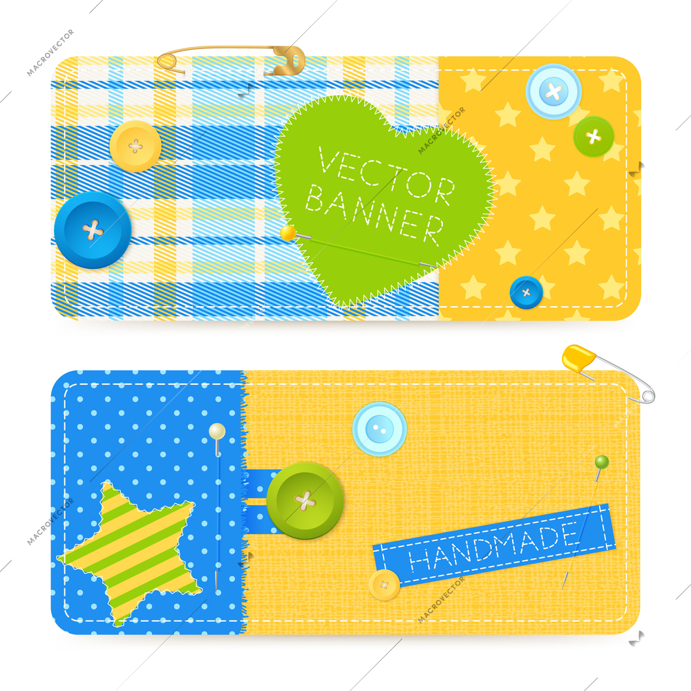 Two realistic horizontal cotton sewing banners set with safety pins buttons fastening handmade label isolated vector illustration