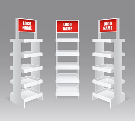 Sale promotion retail trade stand shelves blank empty realistic set with red product name advertising vector illustration