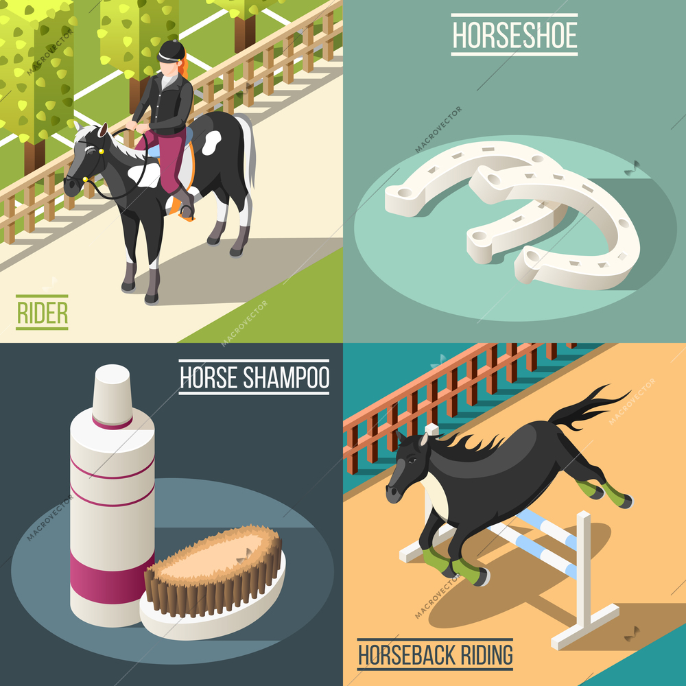 Equestrian sport 2x2 design concept set of horse shampoo horseshoe rider and horseback riding isometric square icons vector illustration