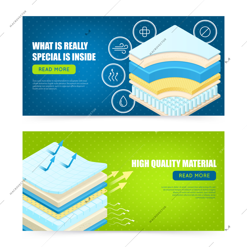 Best mattress high quality modern materials description 2 horizontal promotional web page design banners isolated vector illustration