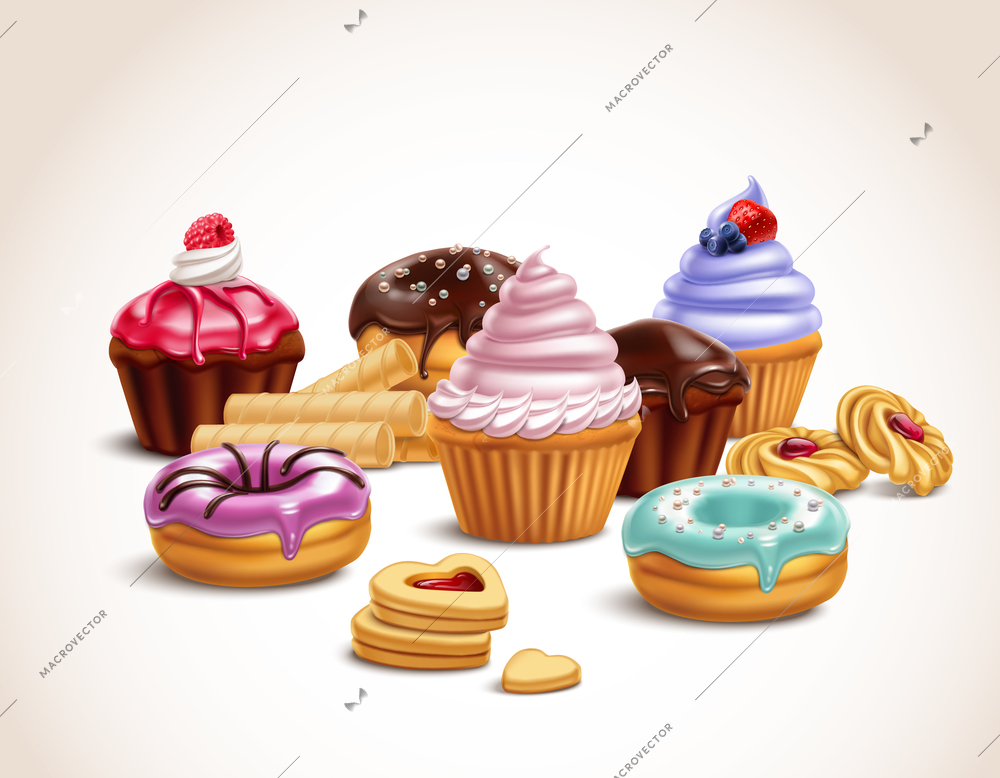 Cookies biscuits cupcakes donuts realistic 3d composition with set of high quality confectionery products with shadows vector illustration