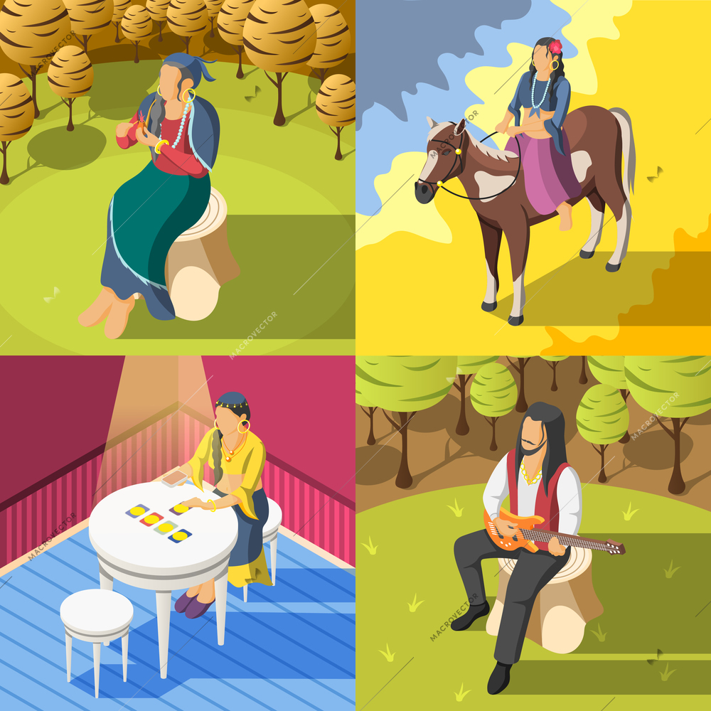 Gypsies 2x2 design concept with female fortune teller guessing on playing cards and guy playing guitar isometric vector illustration