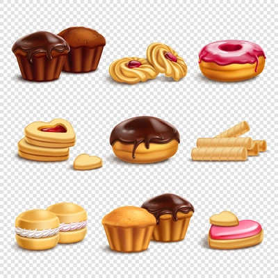 Cookies biscuits realistic 3d icons collection with nine isolated images of different sweets on transparent background vector illustration