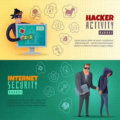 Hacker activity and internet security cartoon horizontal banners on yellow green textured background isolated vector illustration