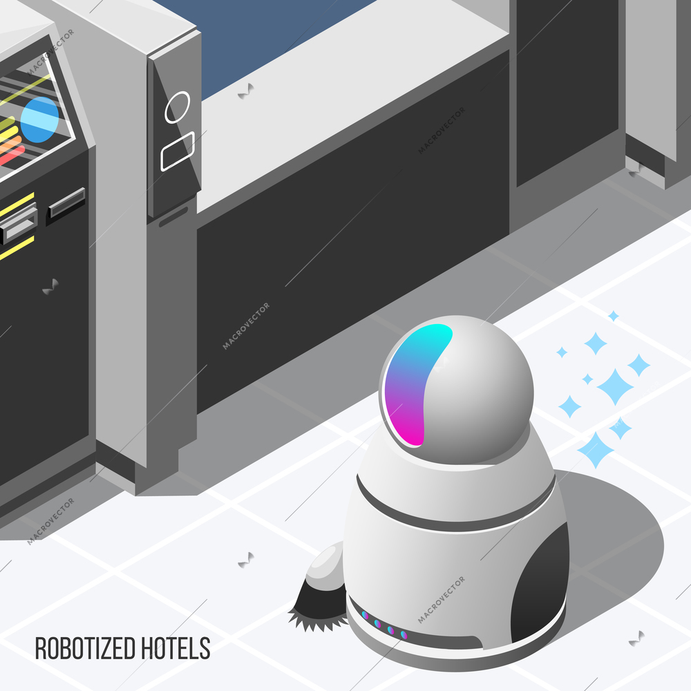 Robotized hotels isometric background with modern robotic cleaner and automatic machines used in hotel service vector illustration