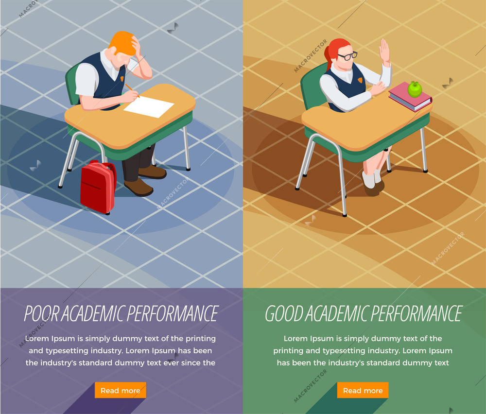 Set of two vertical high school isometric people banners with compositions of non-achiever and forward students vector illustration